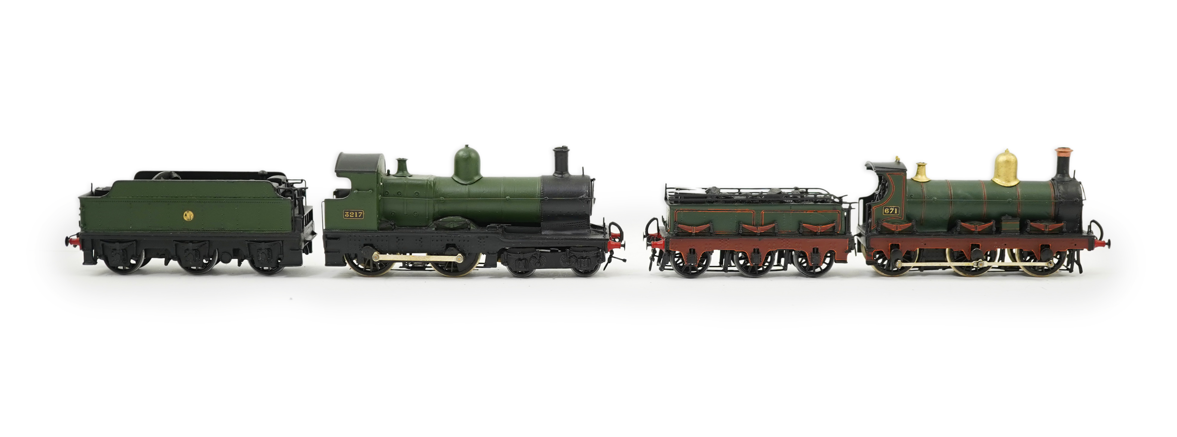 Two 00 gauge brass and white metal kit built GWR tender locomotives; an Armstrong 0-6-0, 671, together with an Earl class 4-4-0, Earl of Berkeley 3217, constructed, painted and lined to a high standard, both motored for
